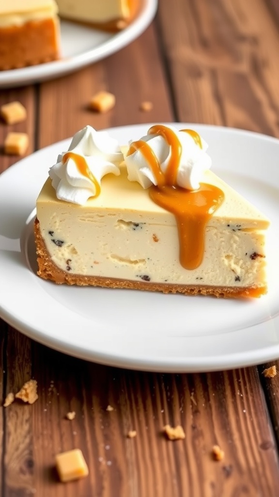 A slice of cookie butter cheesecake with whipped cream and cookie drizzle on a rustic table.